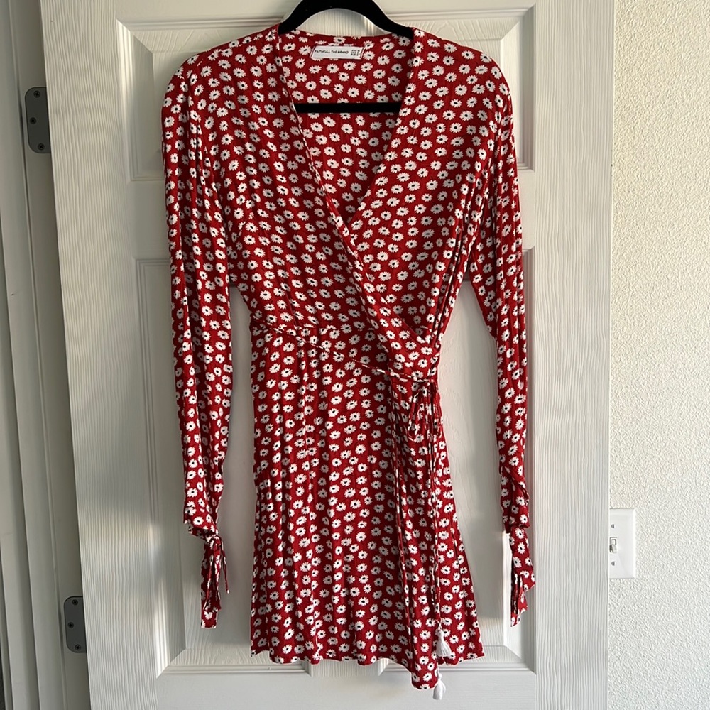 Faithfull the Brand red long sleeve faux wrap dress